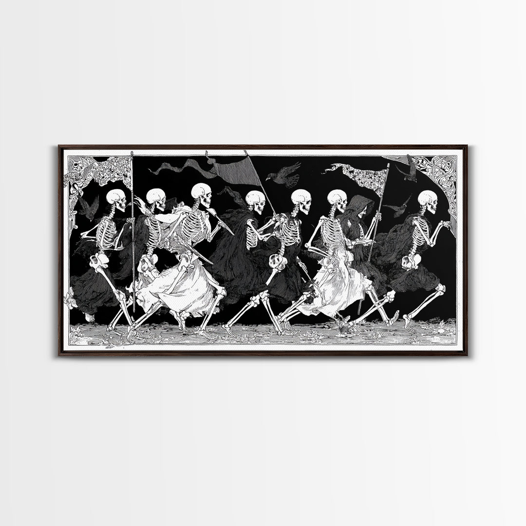 Medieval Danse Macabre, Decadent Line Art, Wide Panoramic Art, Dark Halloween Decor, Canvas Print, Halloween Wall Art