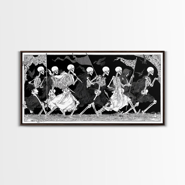 Medieval Danse Macabre, Decadent Line Art, Wide Panoramic Art, Dark Halloween Decor, Canvas Print, Halloween Wall Art