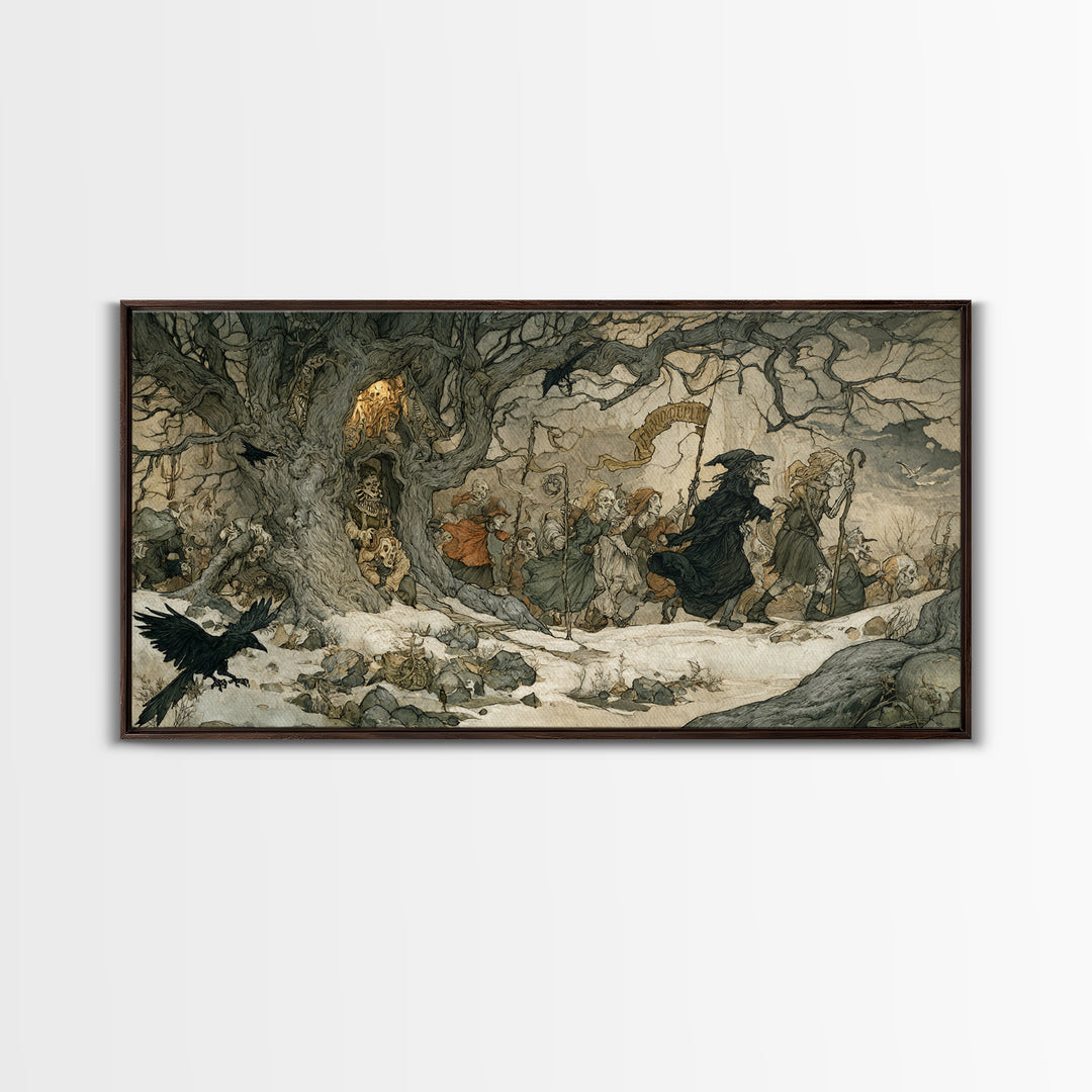 Medieval Danse Macabre, Gothic Storybook Art, Wide Panoramic Art, Dark Halloween Decor, Canvas Print, Halloween Wall Art
