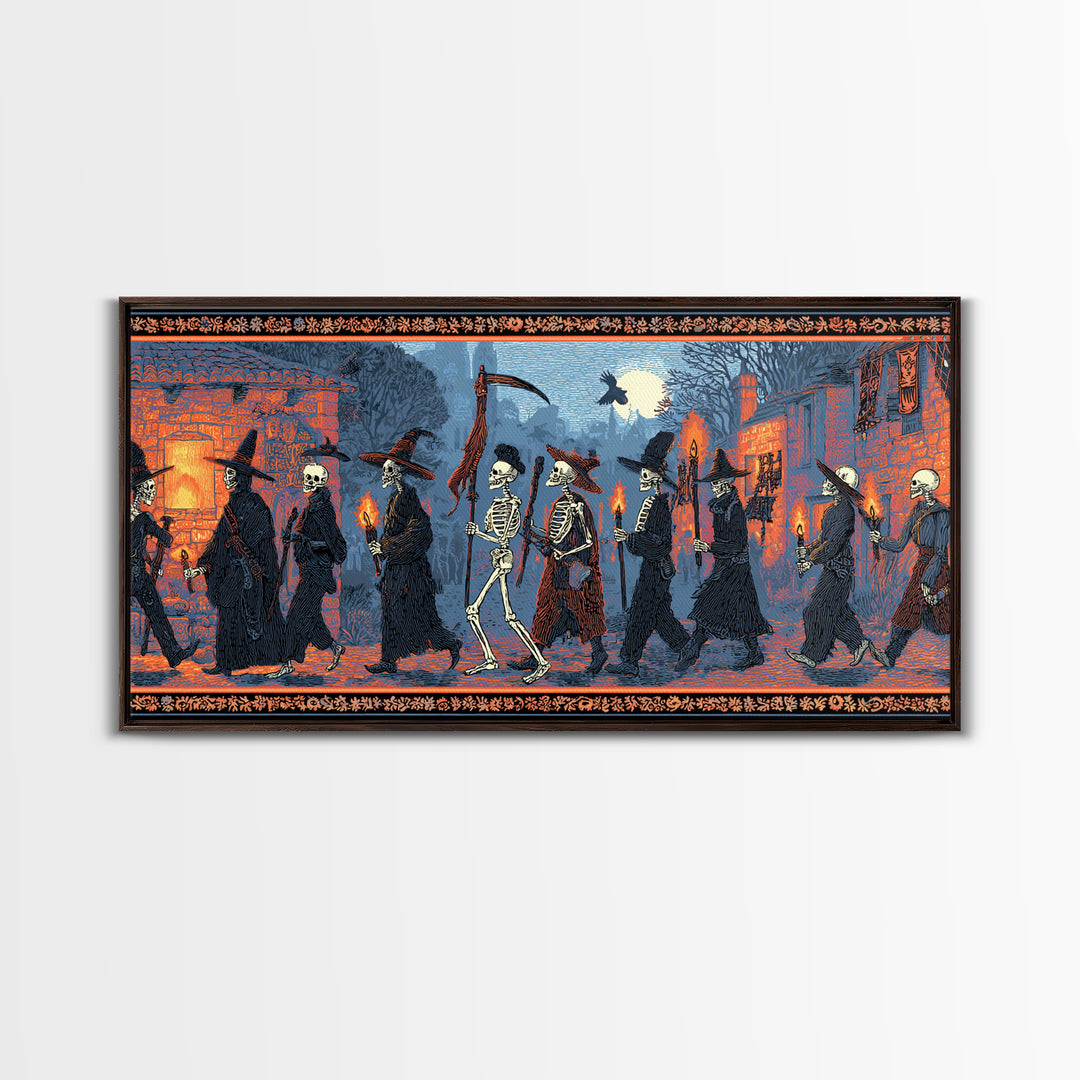 Medieval Danse Macabre, Macabre Folk Print Art, Wide Panoramic Art, Dark Fantasy Wall Art, Canvas Print, Halloween Wall Art