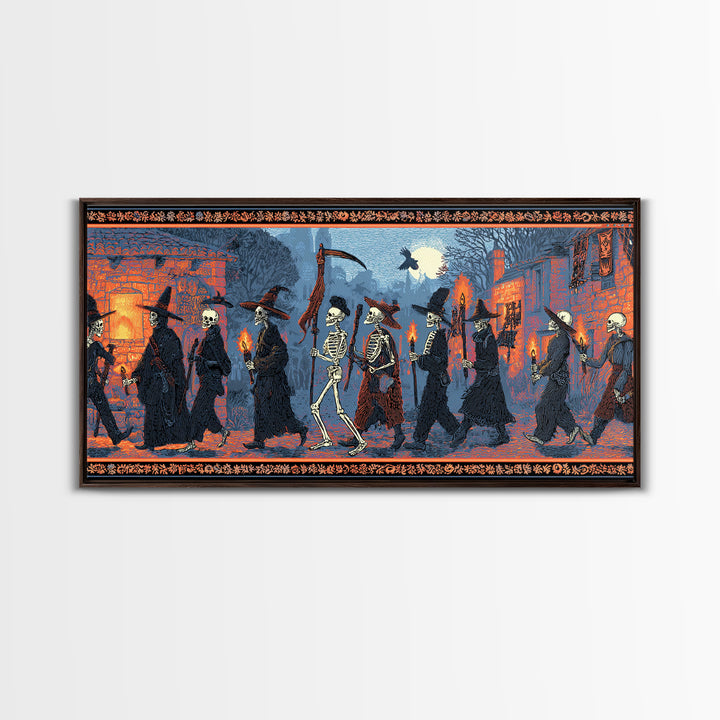 Medieval Danse Macabre, Macabre Folk Print Art, Wide Panoramic Art, Dark Fantasy Wall Art, Canvas Print, Halloween Wall Art