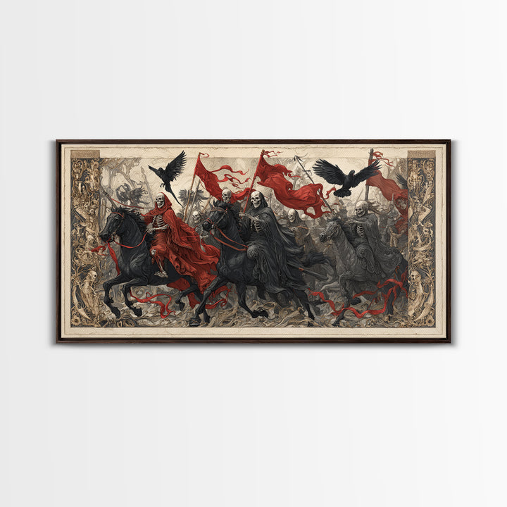 Medieval Danse Macabre, Biomechanical Horror Art, Wide Panoramic Art, Dark Halloween Decor, Canvas Print, Halloween Wall Art