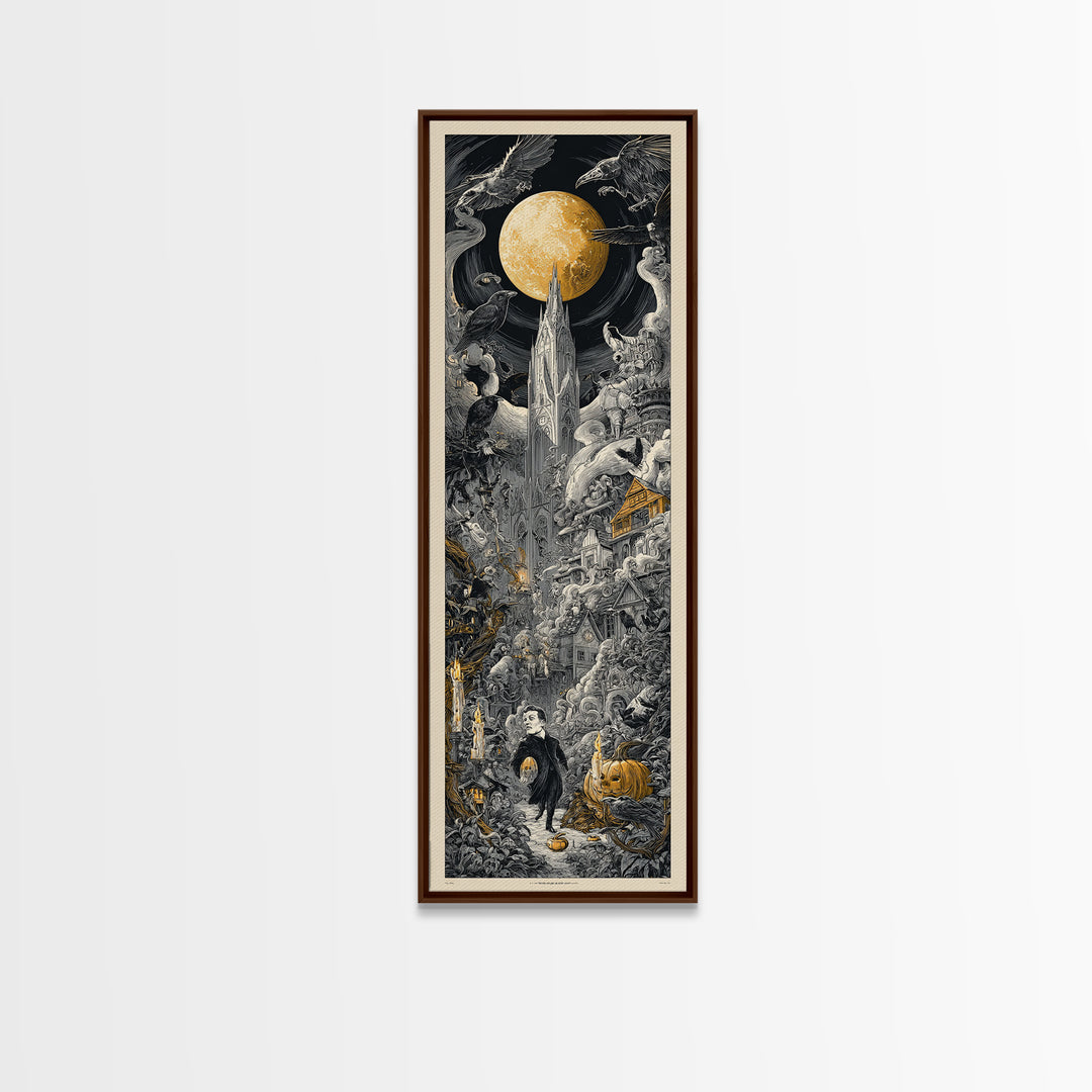 1950s Halloween Nostalgia, Gothic Engraving Art, Tall Narrow Wall Art, Gothic Horror Wall Art, Canvas Print, Halloween Wall Art
