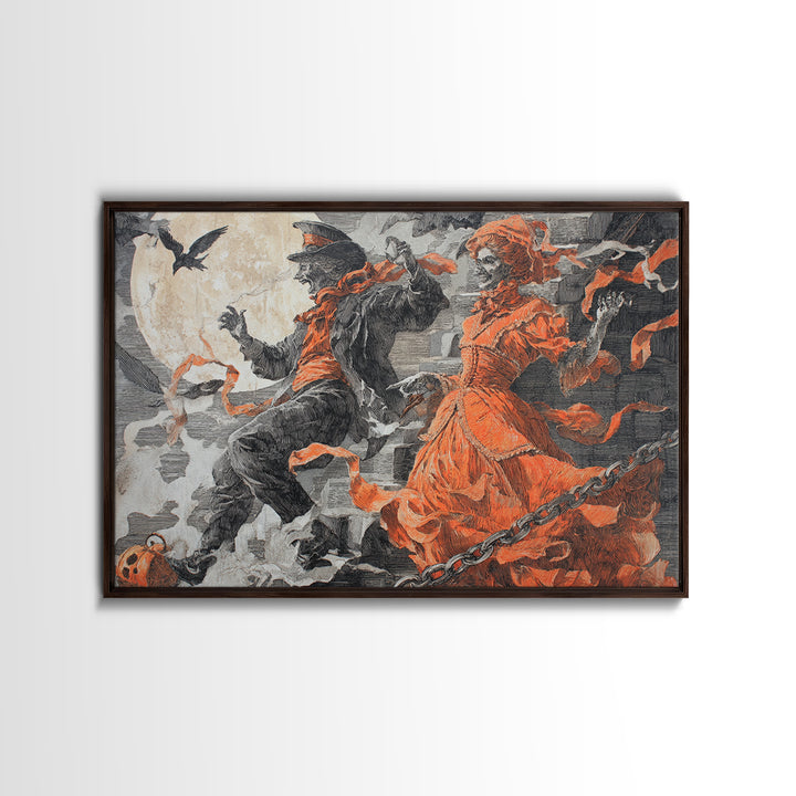 1950s Halloween Nostalgia, Architectural Etching Art, Landscape Wall Art, Gothic Horror Wall Art, Framed Canvas Print