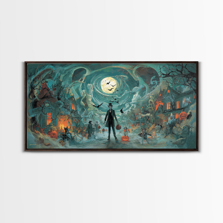 1950s Halloween Nostalgia, Apocalyptic Romantic Art, Wide Panoramic Art, Macabre Wall Art, Framed Canvas Print, Halloween Wall Art