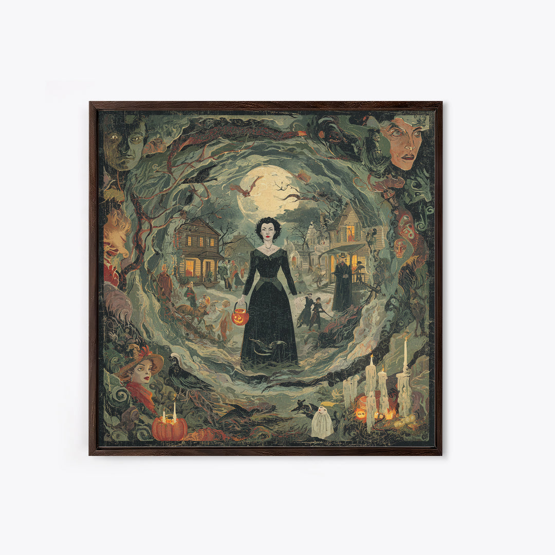 1950s Halloween Nostalgia, Dark Symbolist Art, Square Wall Art, Gothic Horror Wall Art, Framed Canvas Print, Halloween Wall Art