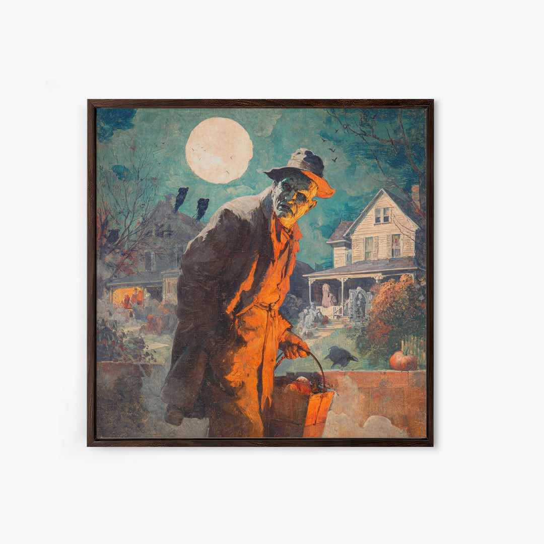 1950s Halloween Nostalgia, Symbolist Etching Art, Square Wall Art, Dark Halloween Decor, Framed Canvas Print, Halloween Wall Art