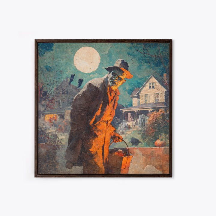 1950s Halloween Nostalgia, Symbolist Etching Art, Square Wall Art, Dark Halloween Decor, Framed Canvas Print, Halloween Wall Art
