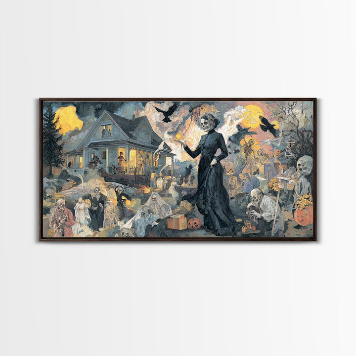1950s Halloween Nostalgia, Grotesque Carnival Art, Wide Panoramic Art, Dark Halloween Decor, Framed Canvas Print, Halloween Wall Art