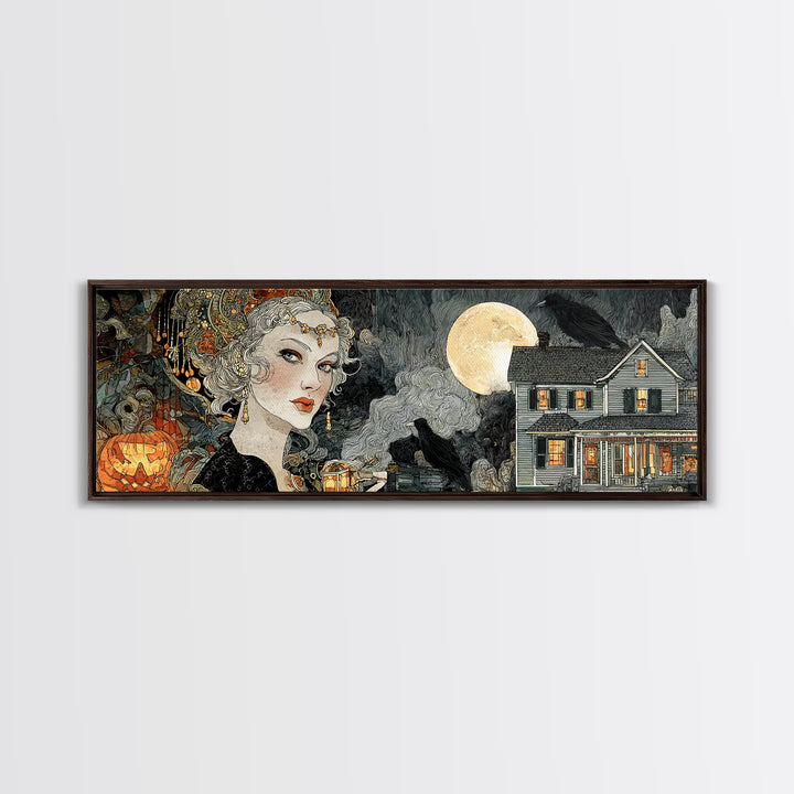 1950s Halloween Nostalgia, Stained Glass Gothic Art, Extra Wide Wall Art, Dark Halloween Decor, Canvas Print, Halloween Wall Art