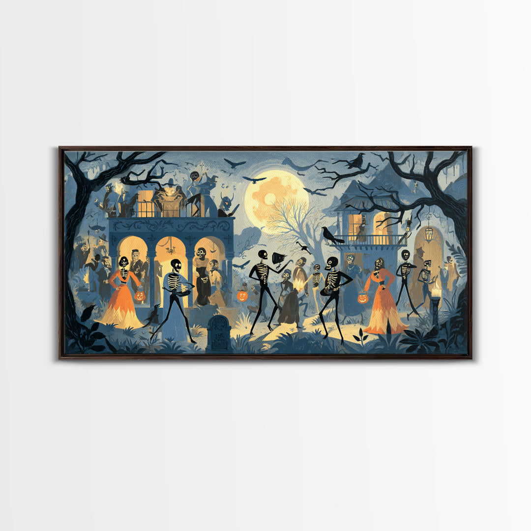 1950s Halloween Nostalgia, Macabre Folk Print Art, Wide Panoramic Art, Dark Halloween Decor, Canvas Print, Halloween Wall Art