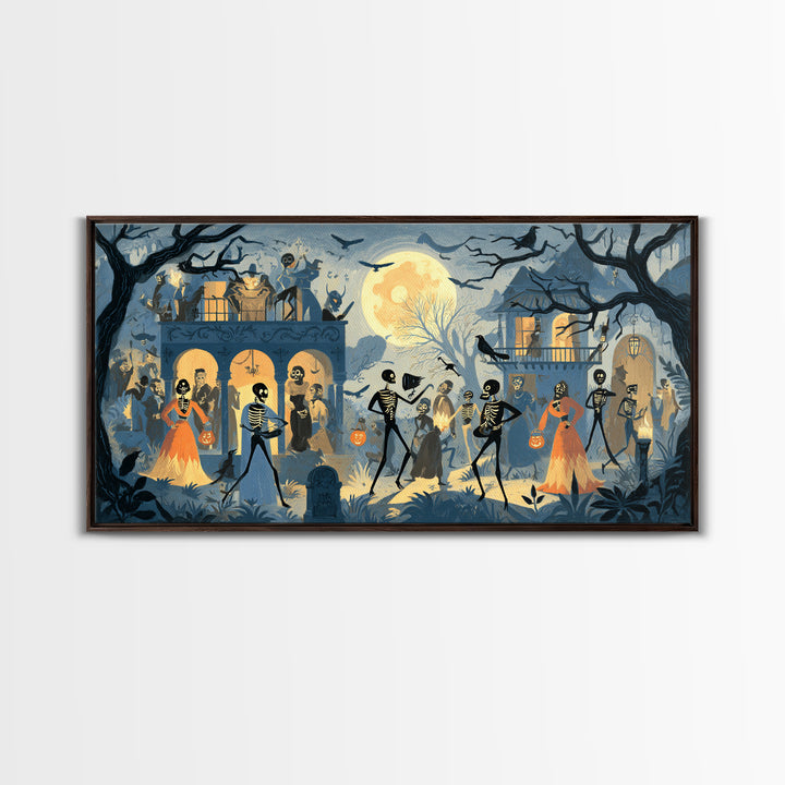 1950s Halloween Nostalgia, Macabre Folk Print Art, Wide Panoramic Art, Dark Halloween Decor, Canvas Print, Halloween Wall Art