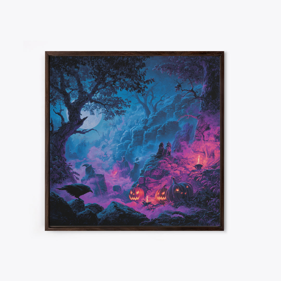1980s Neon Horror, Baroque Witchcraft Art, Square Wall Art, Dark Halloween Decor, Framed Canvas Print, Halloween Wall Art