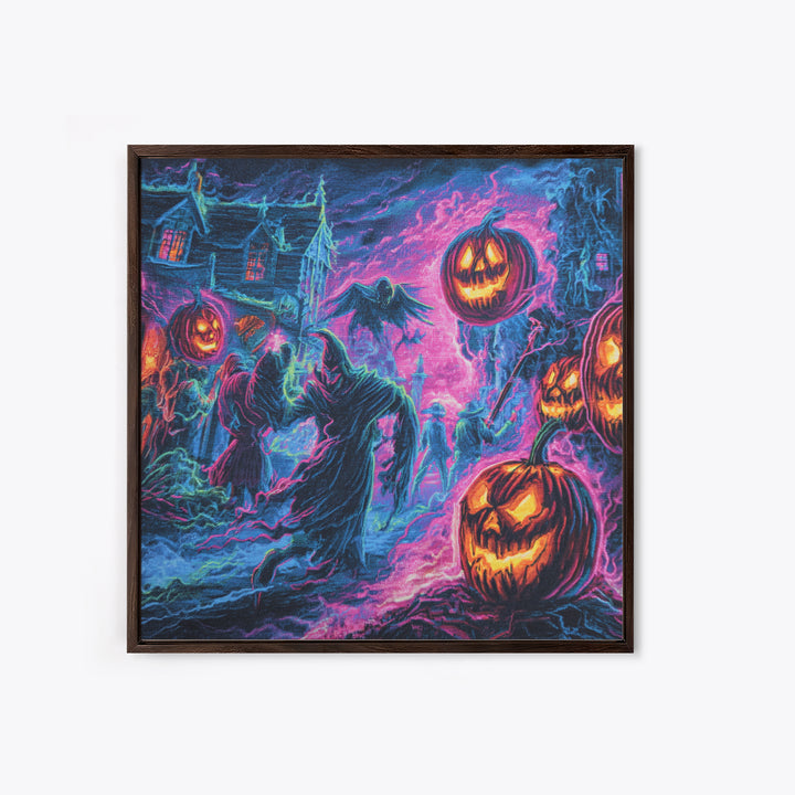 1980s Neon Horror, Grotesque Carnival Art, Square Wall Art, Dark Fantasy Wall Art, Framed Canvas Print, Halloween Wall Art