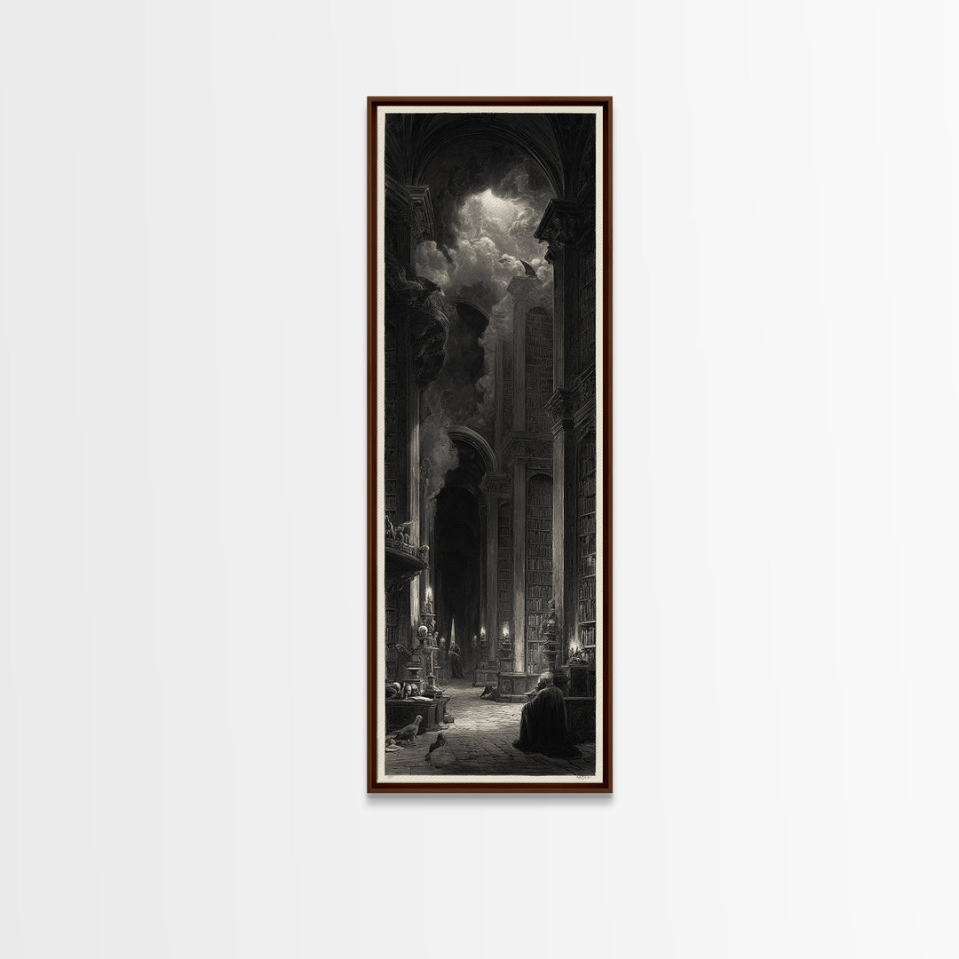 Dark Academia Halloween, Gothic Engraving Art, Tall Narrow Wall Art, Dark Fantasy Wall Art, Canvas Print, Halloween Wall Art