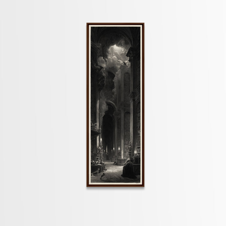 Dark Academia Halloween, Gothic Engraving Art, Tall Narrow Wall Art, Dark Fantasy Wall Art, Canvas Print, Halloween Wall Art