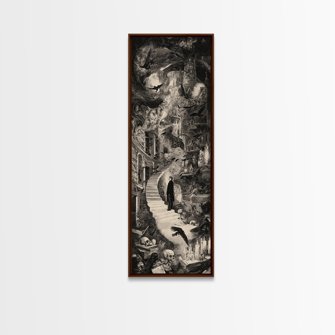 Dark Academia Halloween, Architectural Etching Art, Tall Narrow Wall Art, Macabre Wall Art, Framed Canvas Print
