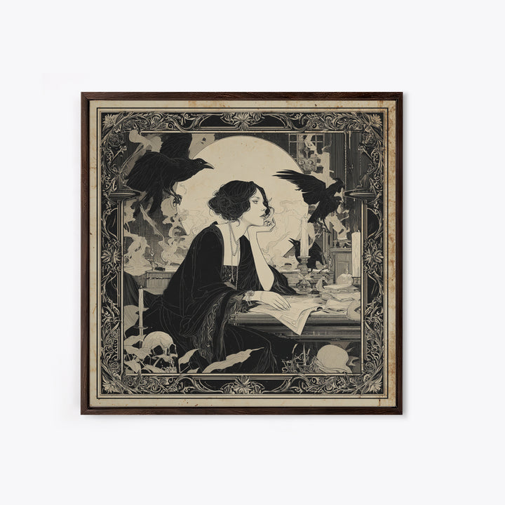 Dark Academia Halloween, Decadent Line Art, Square Wall Art, Dark Halloween Decor, Framed Canvas Print, Halloween Wall Art