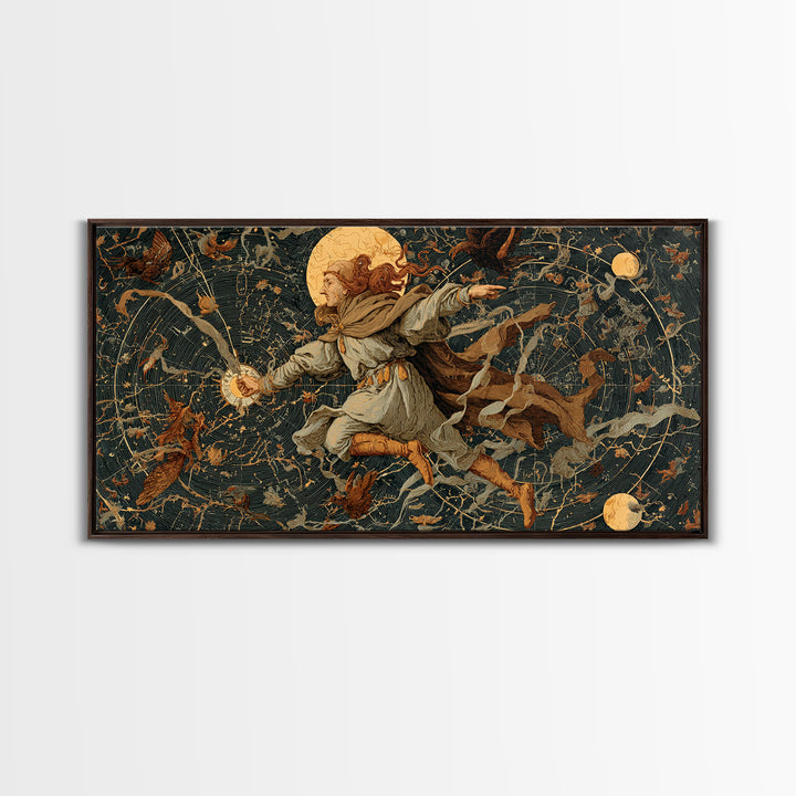 Celestial Witchcraft, Medieval Grotesque Art, Wide Panoramic Art, Macabre Wall Art, Framed Canvas Print, Halloween Wall Art