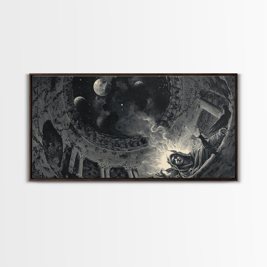 Celestial Witchcraft, Architectural Etching Art, Wide Panoramic Art, Gothic Horror Wall Art, Framed Canvas Print
