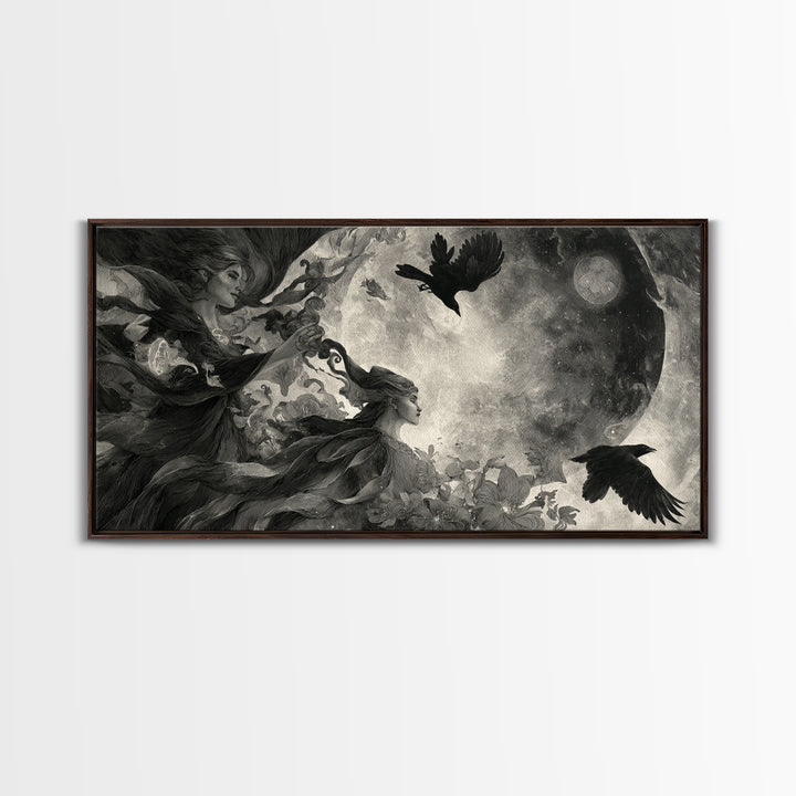 Celestial Witchcraft, Symbolist Dream Art, Wide Panoramic Art, Dark Fantasy Wall Art, Framed Canvas Print, Halloween Wall Art