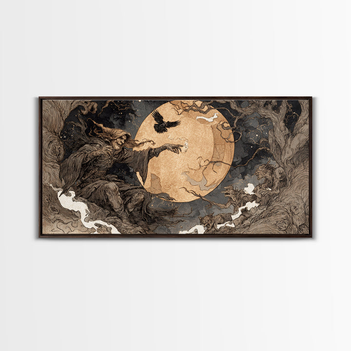 Celestial Witchcraft, Gothic Storybook Art, Wide Panoramic Art, Dark Halloween Decor, Canvas Print, Halloween Wall Art