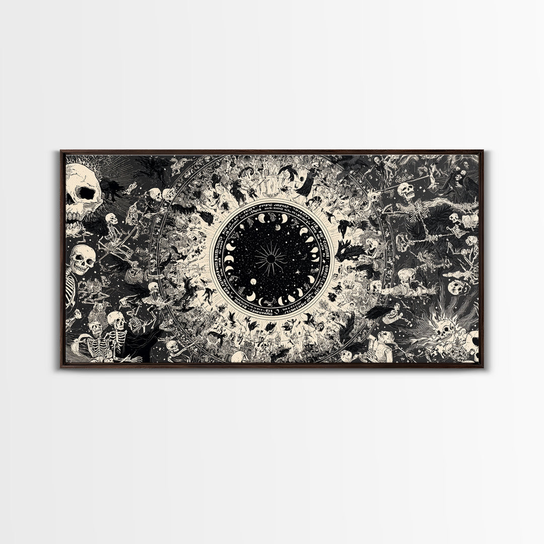 Celestial Witchcraft, Macabre Folk Print Art, Wide Panoramic Art, Dark Halloween Decor, Framed Canvas Print, Halloween Wall Art