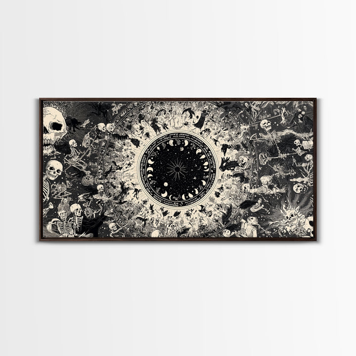 Celestial Witchcraft, Macabre Folk Print Art, Wide Panoramic Art, Dark Halloween Decor, Framed Canvas Print, Halloween Wall Art