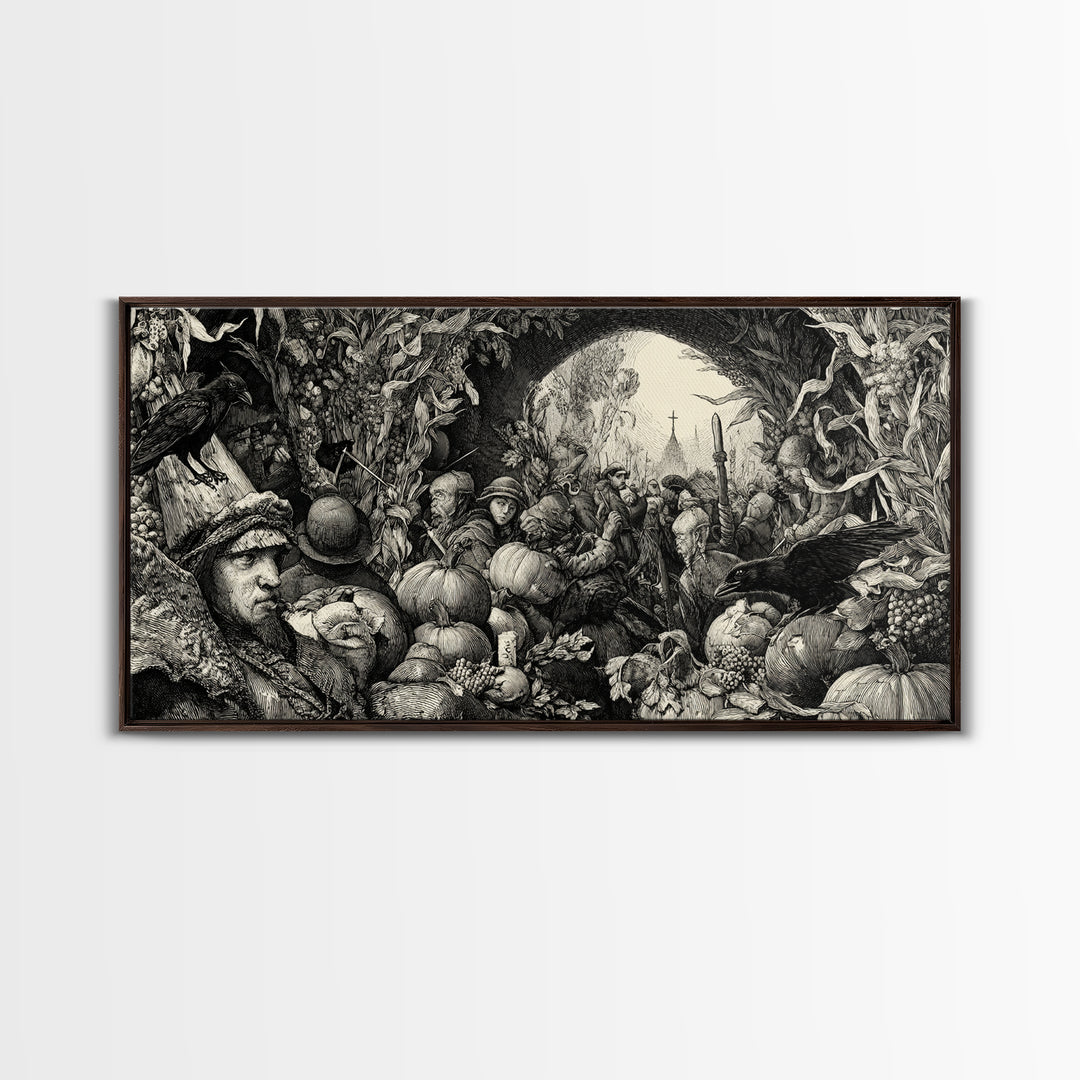 Occult Harvest Festival, Renaissance Engraving Art, Wide Panoramic Art, Gothic Horror Wall Art, Framed Canvas Print, Halloween Wall Art