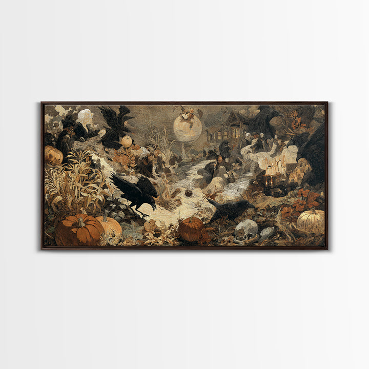 Occult Harvest Festival, Symbolist Etching Art, Wide Panoramic Art, Macabre Wall Art, Framed Canvas Print, Halloween Wall Art