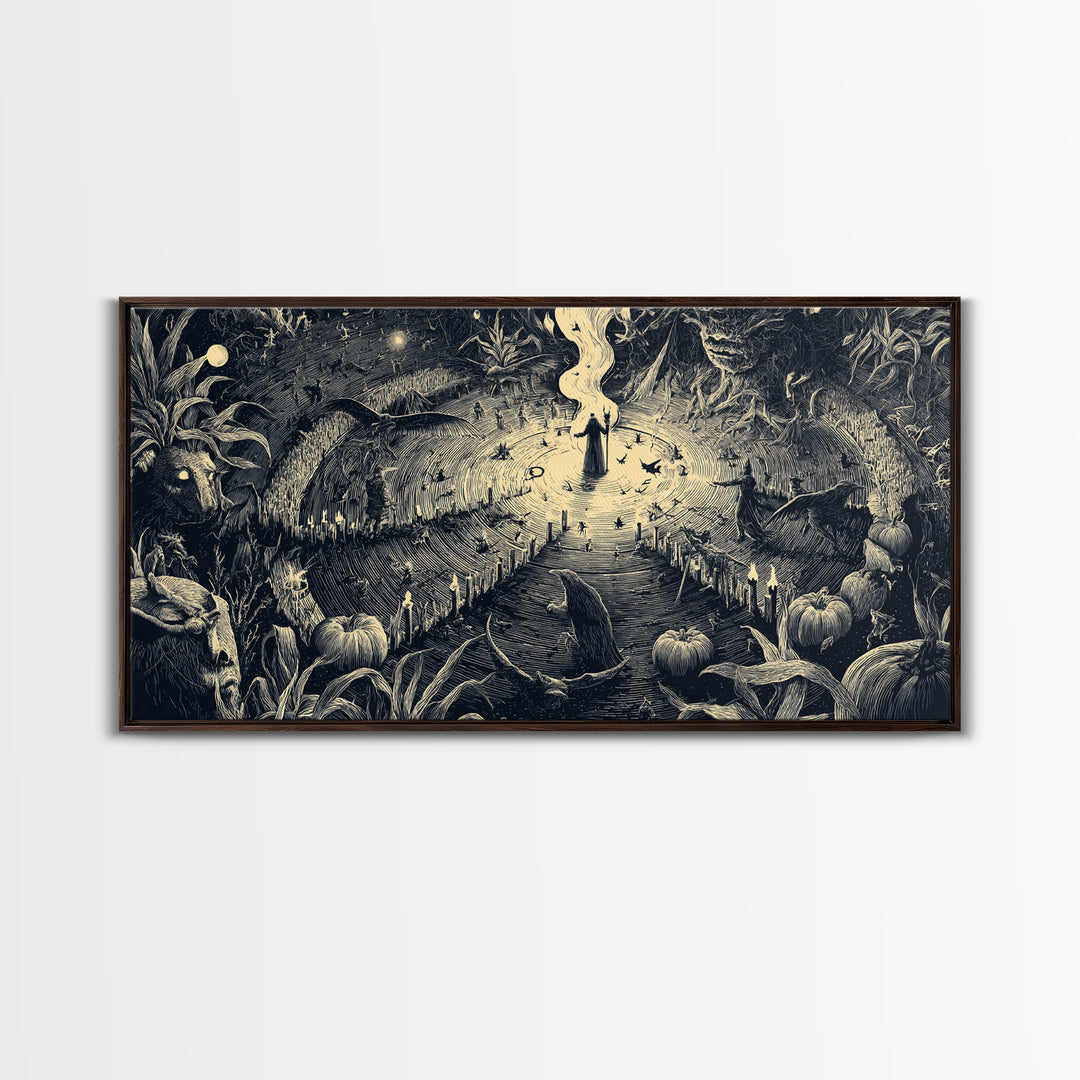 Occult Harvest Festival, Expressionist Nightmare Art, Wide Panoramic Art, Dark Halloween Decor, Canvas Print, Halloween Wall Art