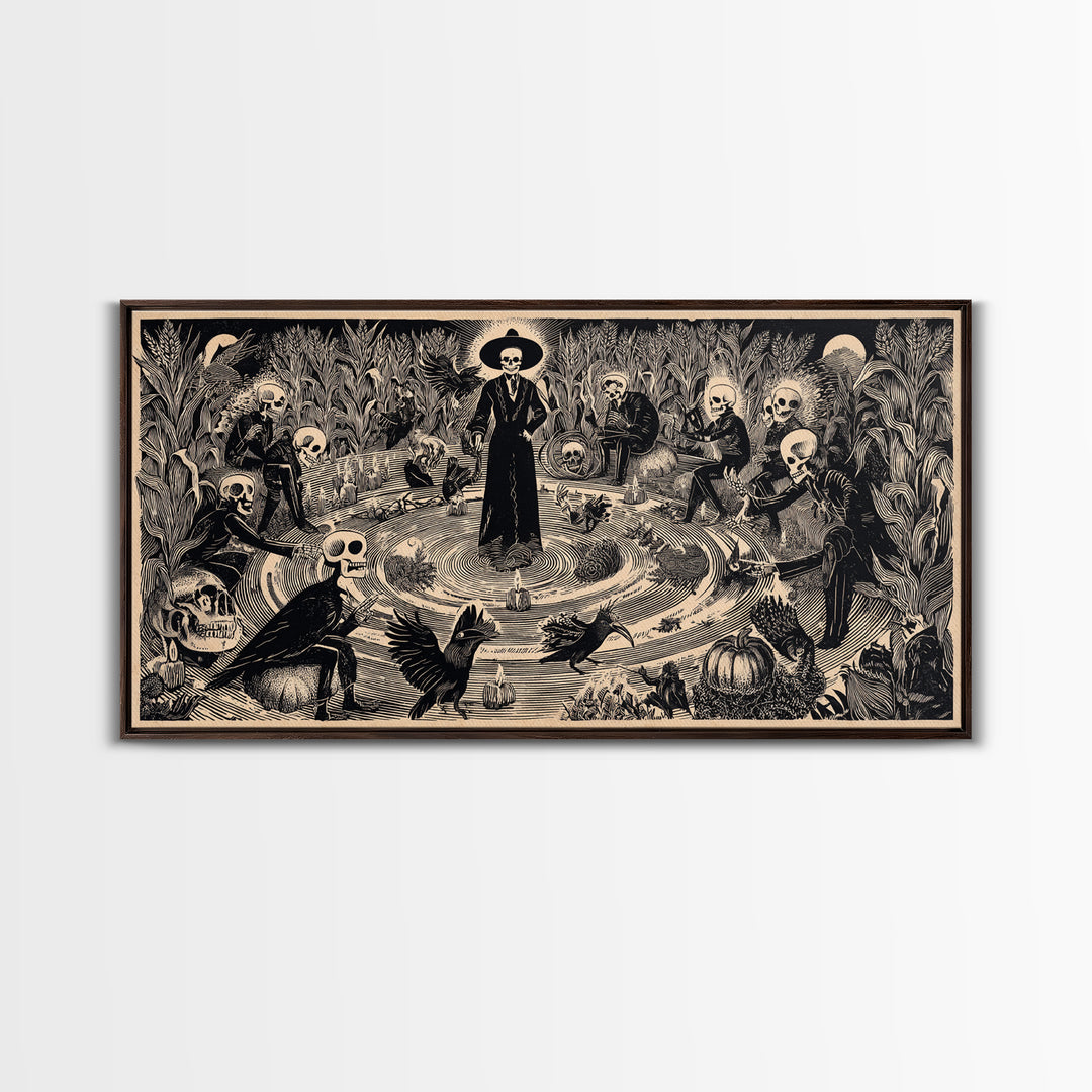 Occult Harvest Festival, Macabre Folk Print Art, Wide Panoramic Art, Macabre Wall Art, Framed Canvas Print, Halloween Wall Art