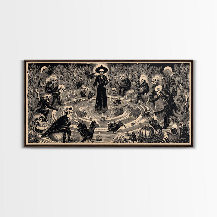 Occult Harvest Festival, Macabre Folk Print Art, Wide Panoramic Art, Macabre Wall Art, Framed Canvas Print, Halloween Wall Art