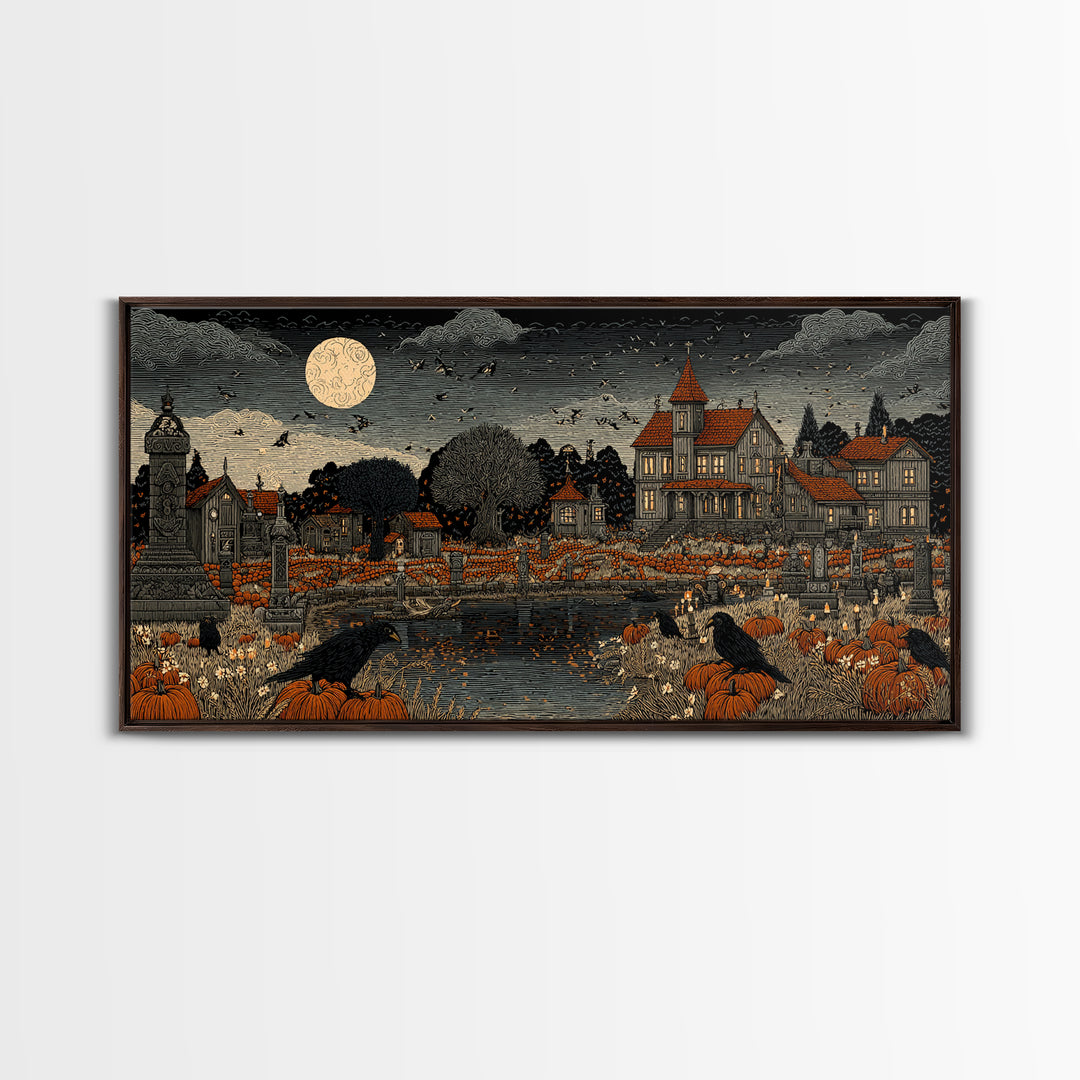 Occult Harvest Festival, Victorian Macabre Art, Wide Panoramic Art, Macabre Wall Art, Framed Canvas Print, Halloween Wall Art
