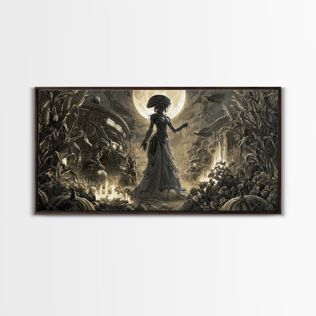 Occult Harvest Festival, Biomechanical Horror Art, Wide Panoramic Art, Gothic Horror Wall Art, Framed Canvas Print, Halloween Wall Art
