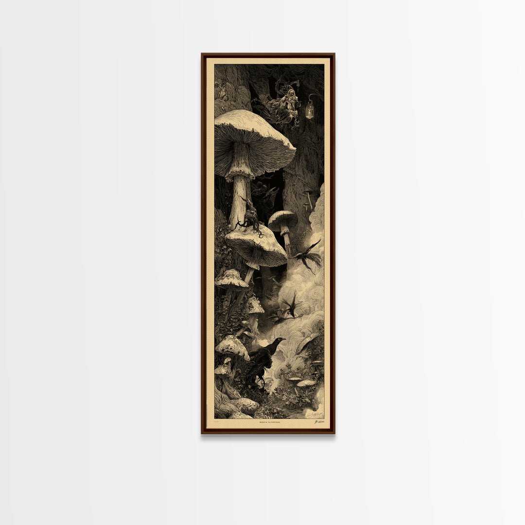 Enchanted Woodland Halloween, Gothic Engraving Art, Tall Narrow Wall Art, Macabre Wall Art, Canvas Print, Halloween Wall Art