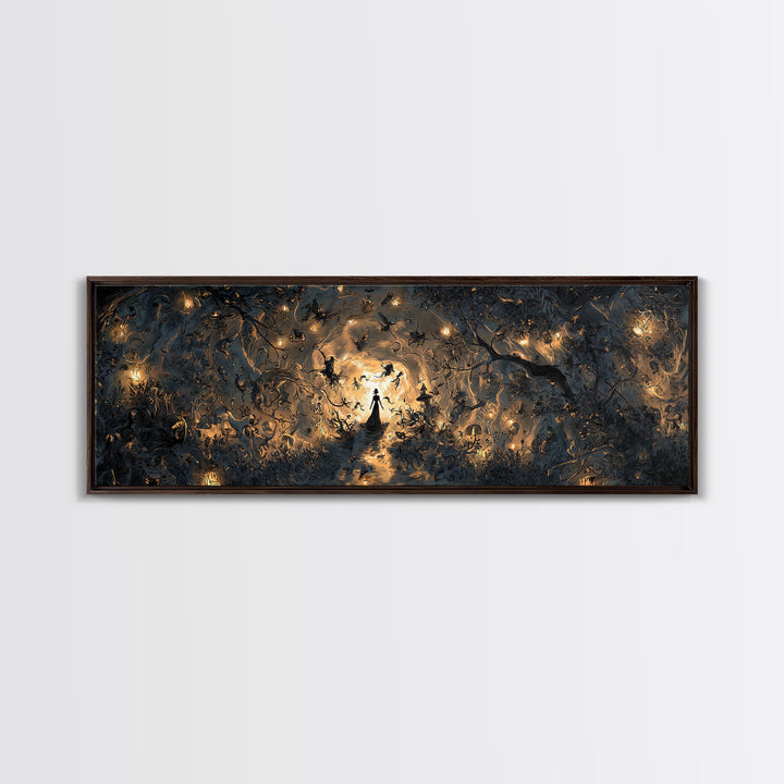 Enchanted Woodland Halloween, Dark Romantic Horror Art, Extra Wide Wall Art, Dark Halloween Decor, Canvas Print, Halloween Wall Art