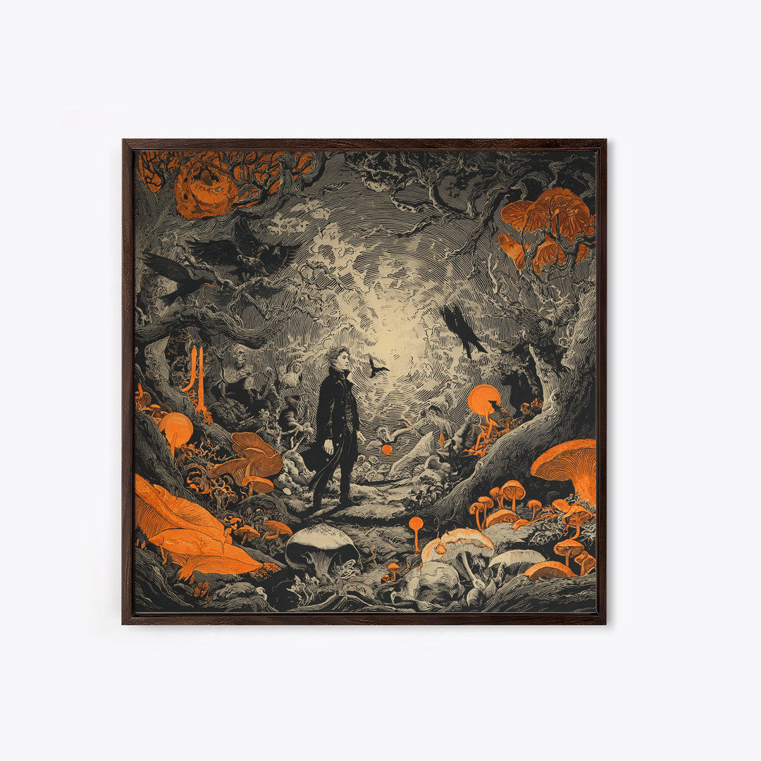 Enchanted Woodland Halloween, Symbolist Etching Art, Square Wall Art, Dark Fantasy Wall Art, Canvas Print, Halloween Wall Art