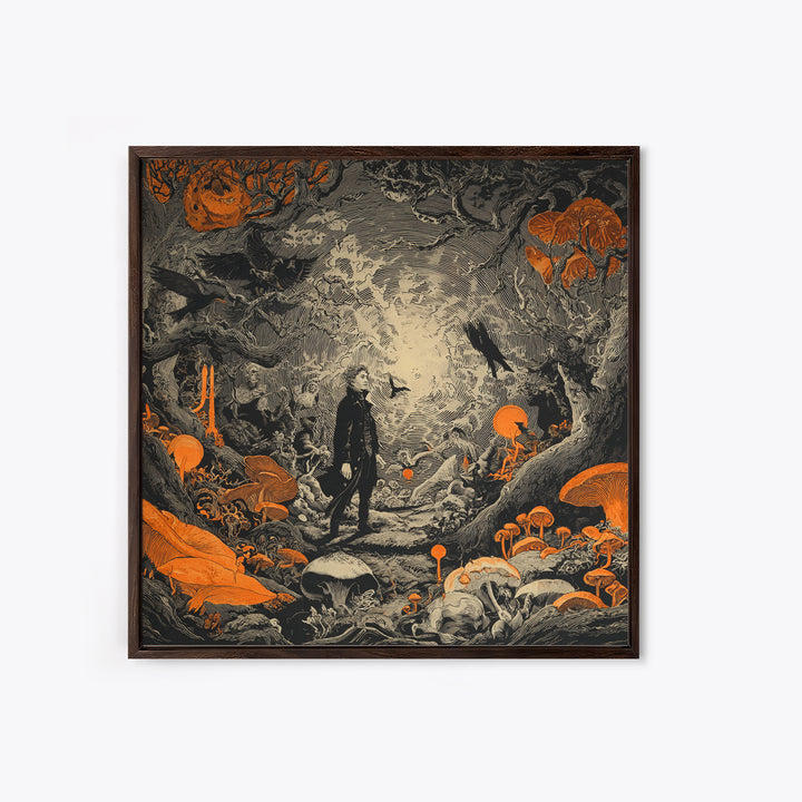 Enchanted Woodland Halloween, Symbolist Etching Art, Square Wall Art, Dark Fantasy Wall Art, Canvas Print, Halloween Wall Art