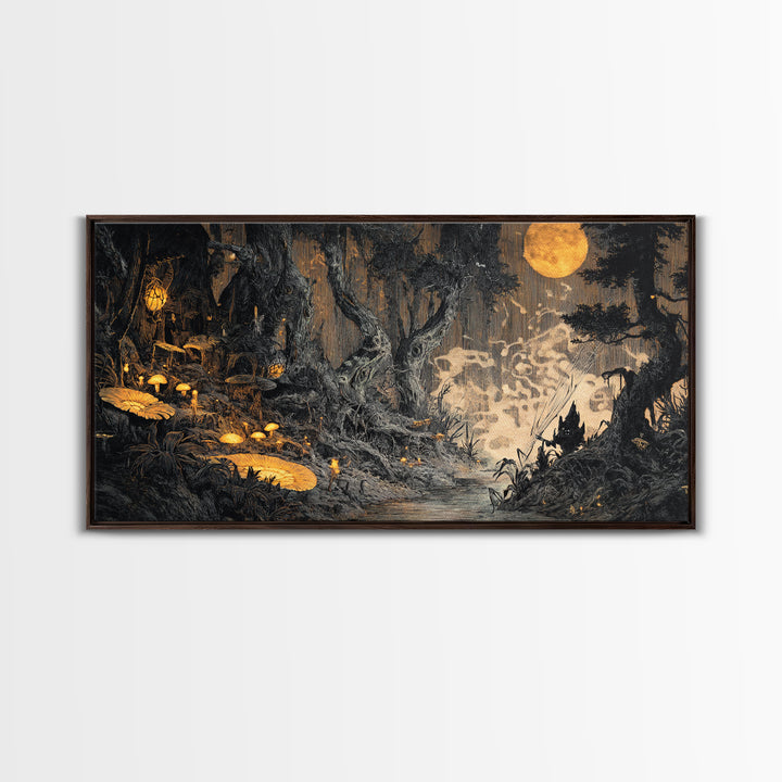 Enchanted Woodland Halloween, Expressionist Nightmare Art, Wide Panoramic Art, Dark Halloween Decor, Canvas Print, Halloween Wall Art