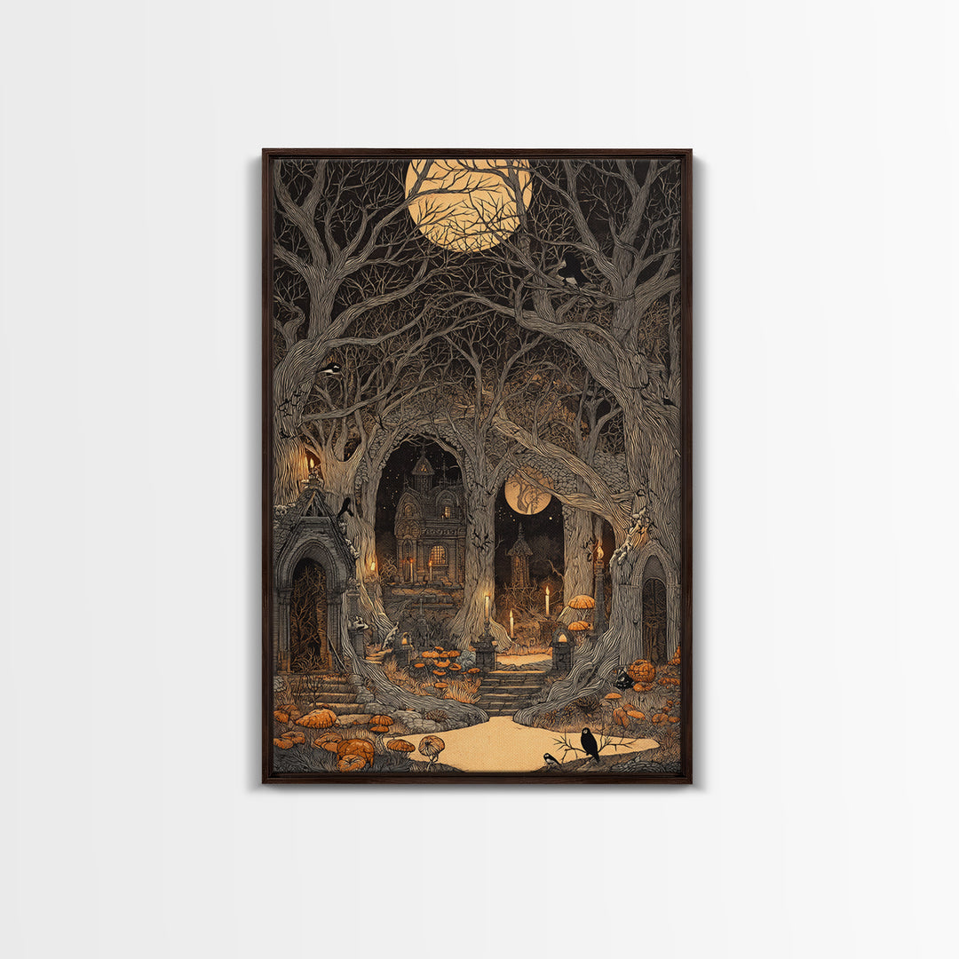 Enchanted Woodland Halloween, Victorian Macabre Art, Vertical Wall Art, Dark Fantasy Wall Art, Framed Canvas Print, Halloween Wall Art