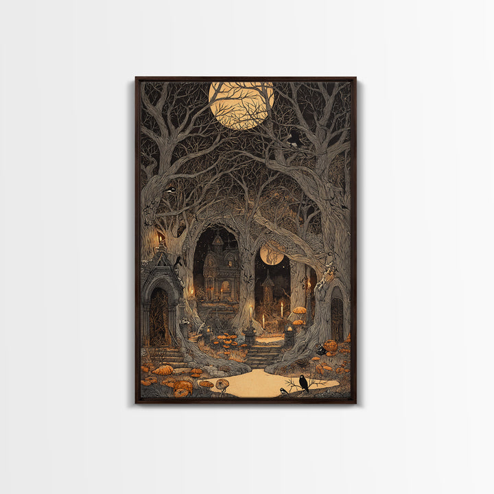 Enchanted Woodland Halloween, Victorian Macabre Art, Vertical Wall Art, Dark Fantasy Wall Art, Framed Canvas Print, Halloween Wall Art