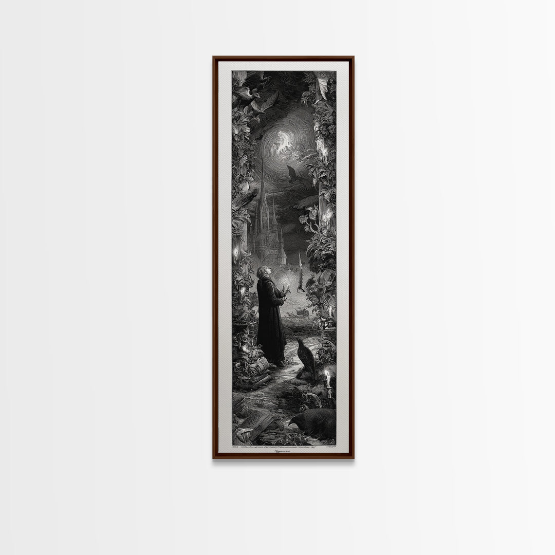 Gothic Romance, Gothic Engraving Art, Tall Narrow Wall Art, Dark Halloween Decor, Framed Canvas Print, Halloween Wall Art