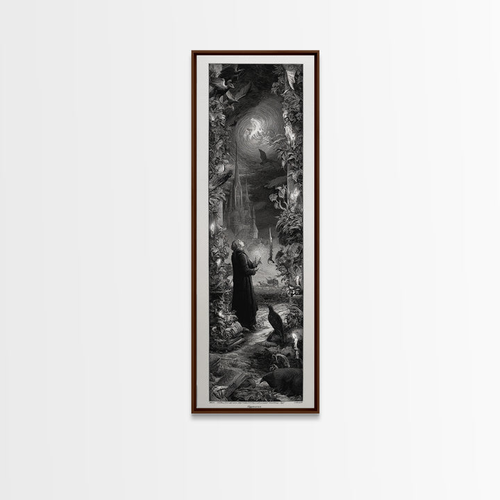 Gothic Romance, Gothic Engraving Art, Tall Narrow Wall Art, Dark Halloween Decor, Framed Canvas Print, Halloween Wall Art