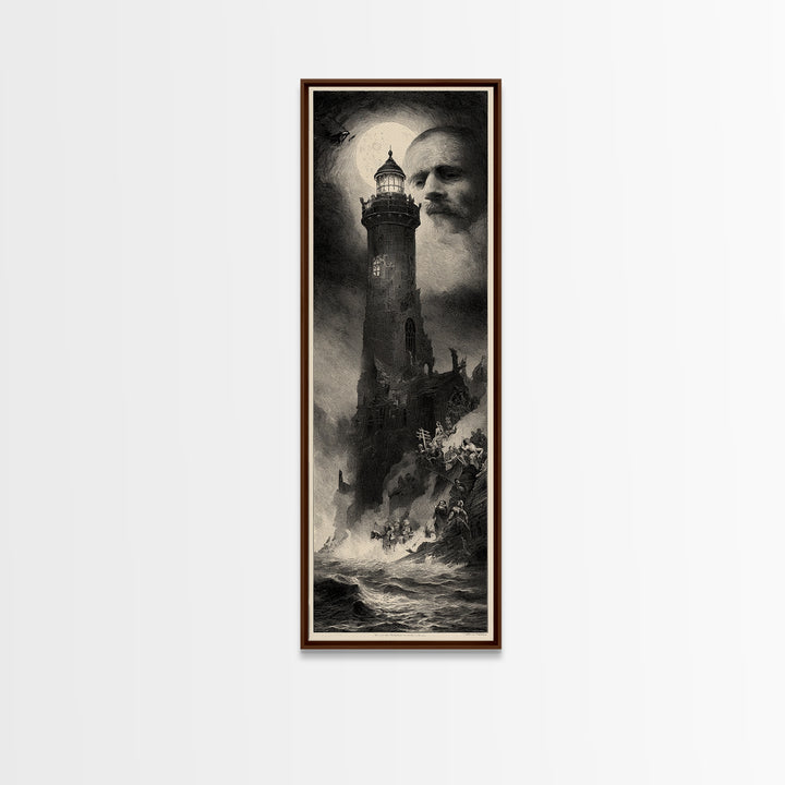 Haunted Seaside Halloween, Gothic Engraving Art, Tall Narrow Wall Art, Macabre Wall Art, Framed Canvas Print, Halloween Wall Art
