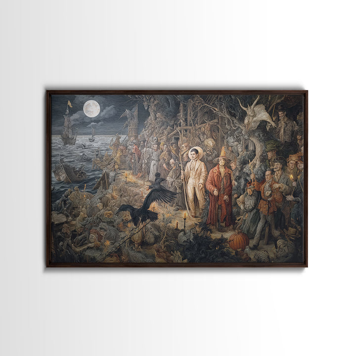 Haunted Seaside Halloween, Medieval Grotesque Art, Landscape Wall Art, Macabre Wall Art, Framed Canvas Print, Halloween Wall Art