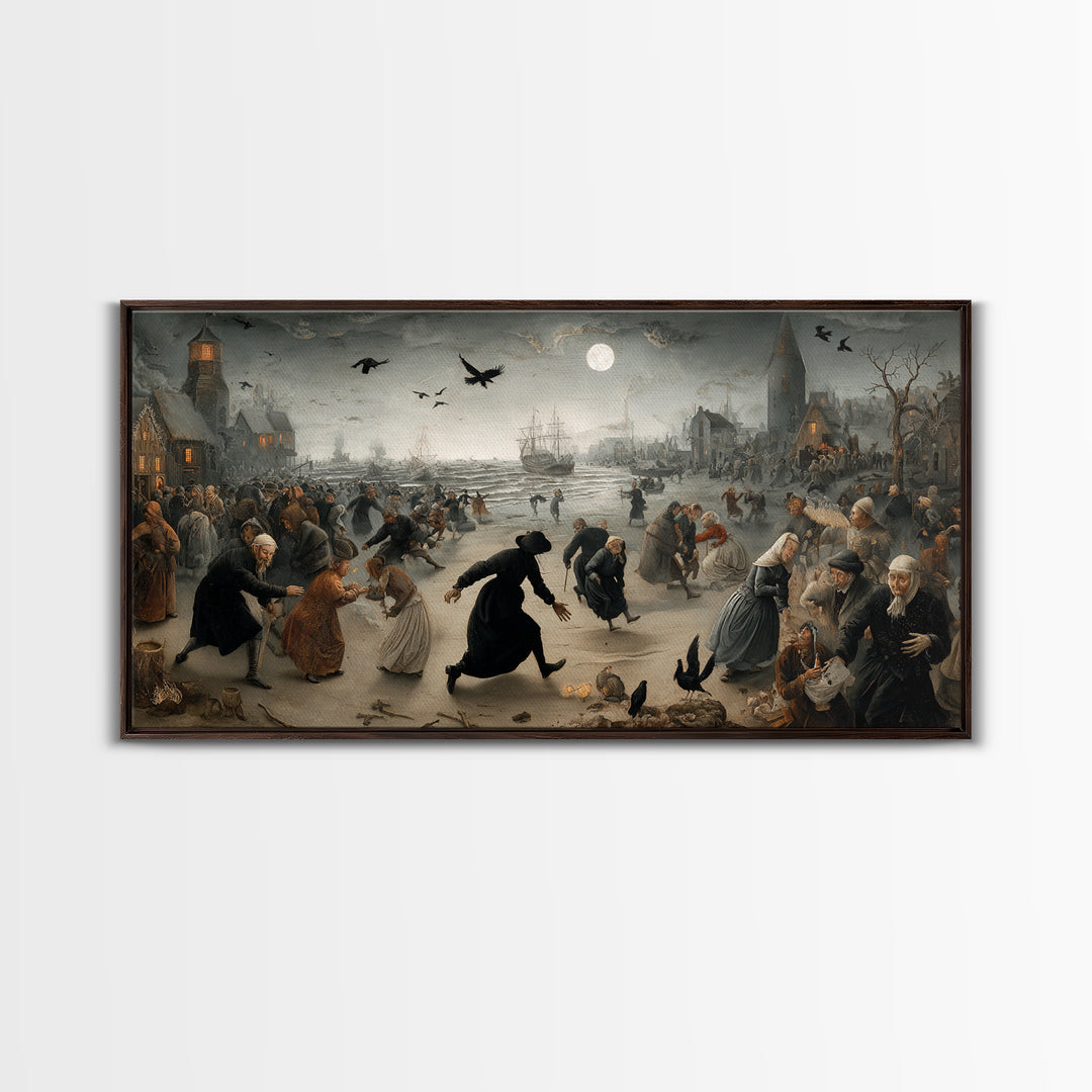 Haunted Seaside Halloween, Northern Renaissance Horror, Wide Panoramic Art, Gothic Horror Wall Art, Framed Canvas Print