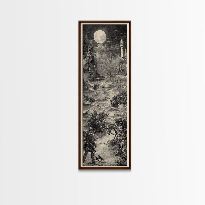 Haunted Seaside Halloween, Renaissance Engraving Art, Tall Narrow Wall Art, Dark Fantasy Wall Art, Framed Canvas Print, Halloween Wall Art