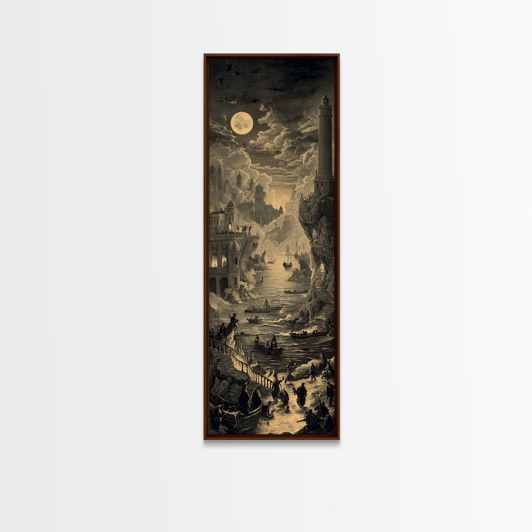 Haunted Seaside Halloween, Architectural Etching Art, Tall Narrow Wall Art, Gothic Horror Wall Art, Framed Canvas Print