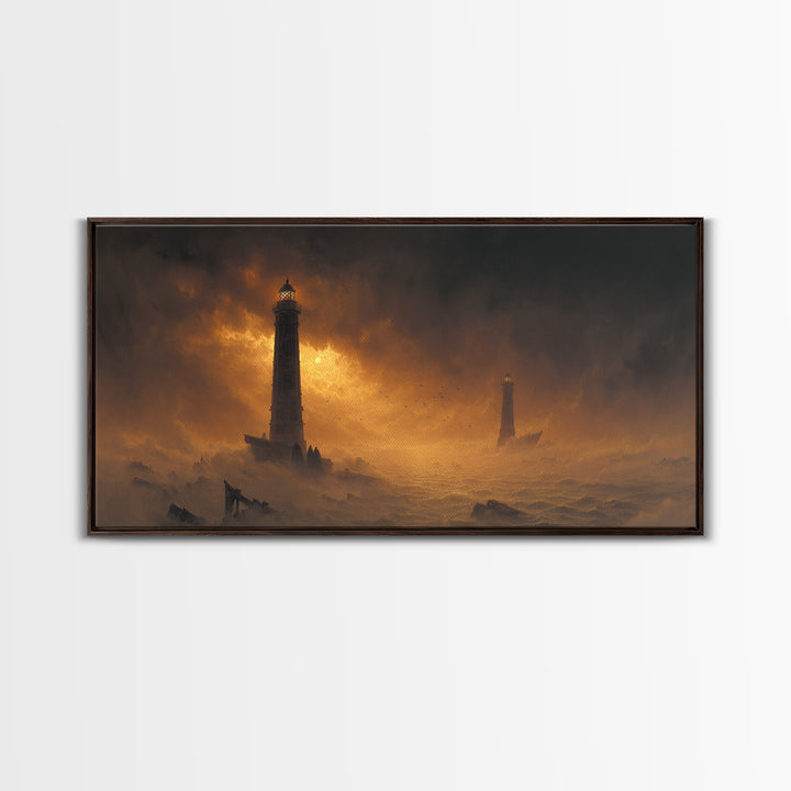 Haunted Seaside Halloween, Apocalyptic Romantic Art, Wide Panoramic Art, Dark Halloween Decor, Canvas Print, Halloween Wall Art